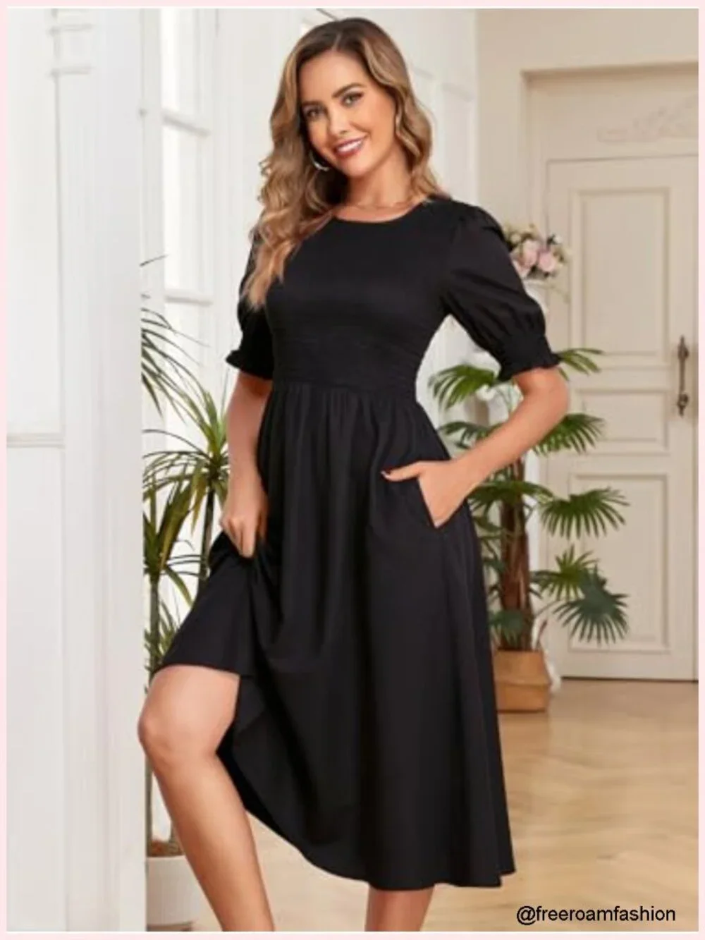 Women Casual Summer Midi Dress Crewneck Puff Sleeve A-Line with Pockets Smocked